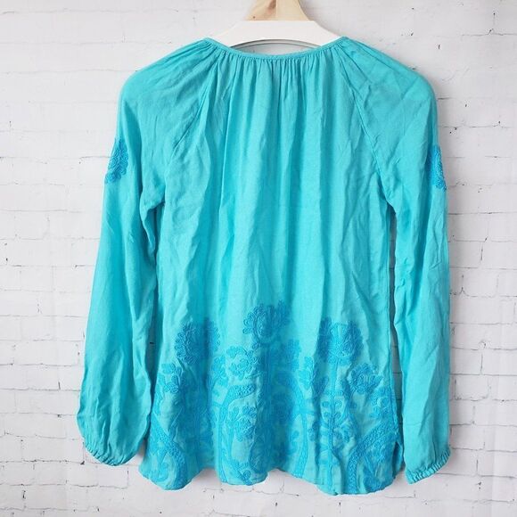 Lilly Pulitzer Willa Embroidered Top Size XXS Aqua Blue Boho Coastal Tassels - Picture 8 of 9